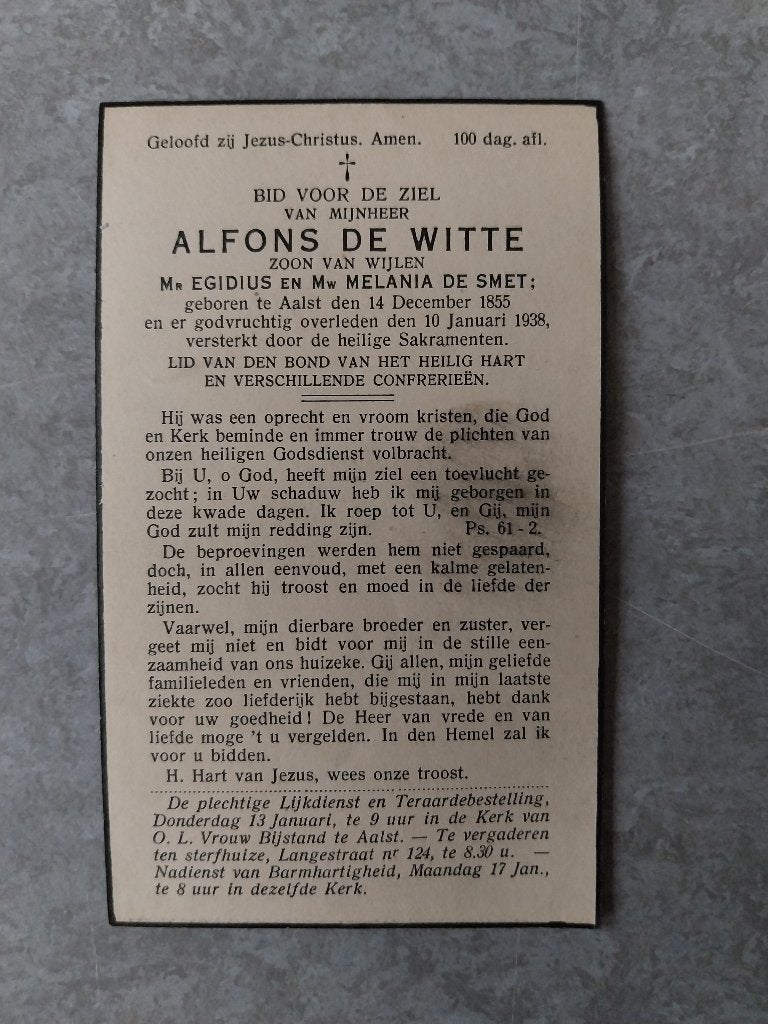 Doodsprentje De Witte De Smet Aalst 1938, Ophalen of Verzenden, Rouwkaart