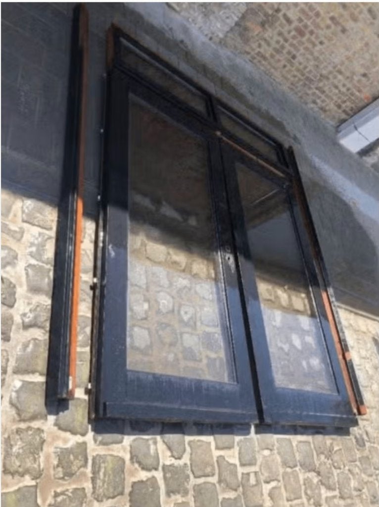 Dubbele deur meranti met bovenlicht., Doe-het-zelf en Bouw, Deuren en Vliegenramen, Ophalen, Gebruikt, Glas