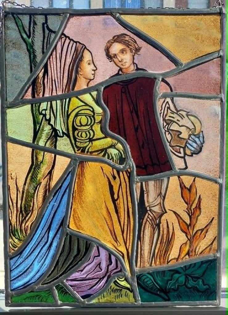 vitrail à thème médiéval, demoiselle et demoiselle, Enlèvement ou Envoi