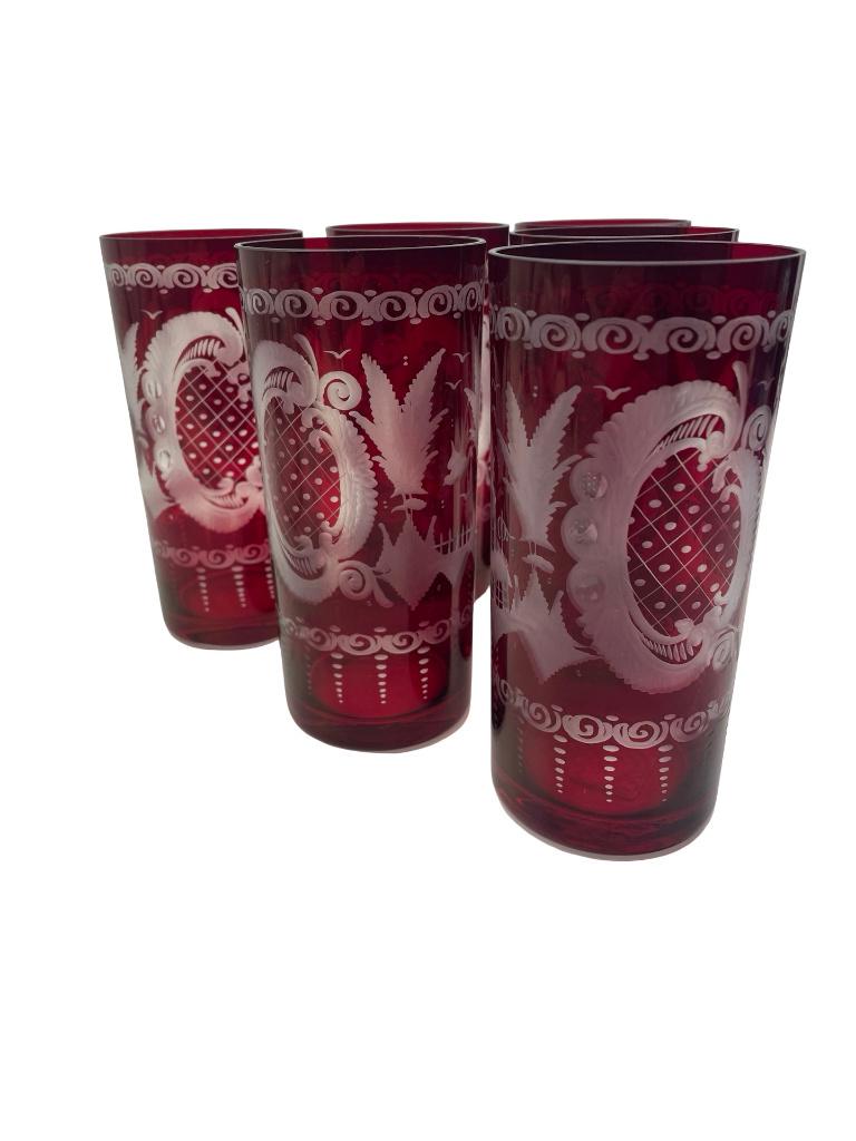 6 rode Boheemse kristallen bekers met vogeldecor, Ophalen of Verzenden