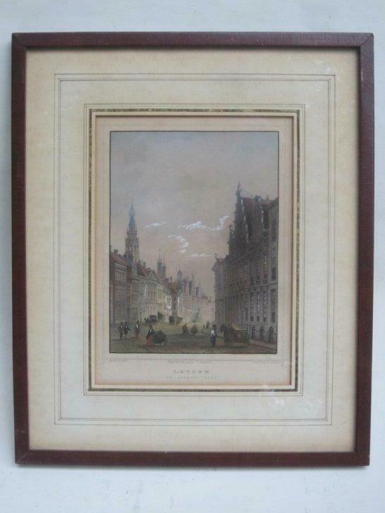 Mooie gekleurde staalgravure - Bredestraat - Leiden - 19de E