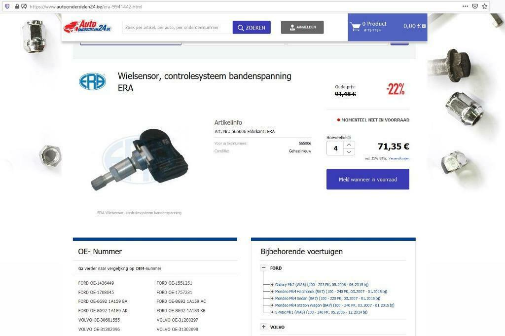 4 x TPMS wielsensoren Ford Volvo controlesysteem spanning, Envoi, Pneus hiver, Jante(s)