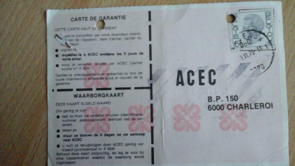 vintage '79 'ACEC' garantiekaart, Ophalen of Verzenden, Zo goed als nieuw, Verpakking