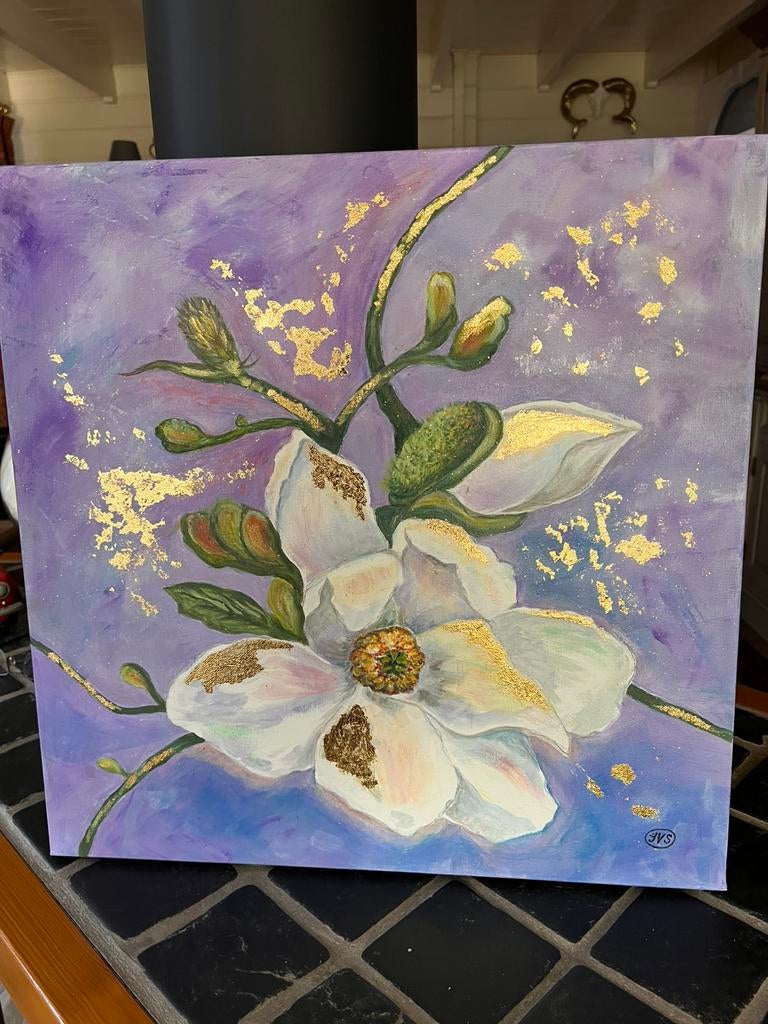 Schilderij acryl bloemen . Witte bloem., Ophalen