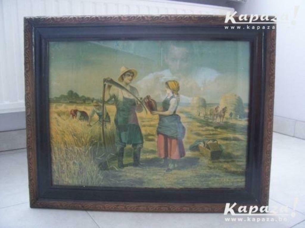 Antieke lito angelus in houten zwart-goud kader met glas., Ophalen