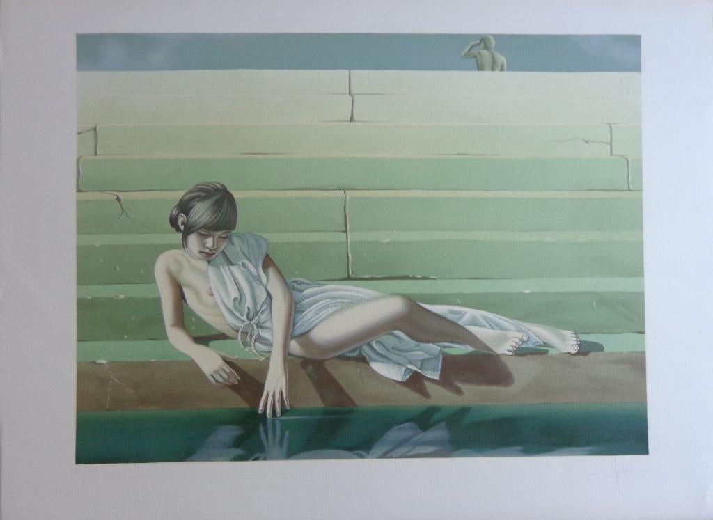 BERNARD MOLDAWAN / LIGGENDE NAAKTE VROUW KLEURLITHO 56x76cm, Enlèvement ou Envoi