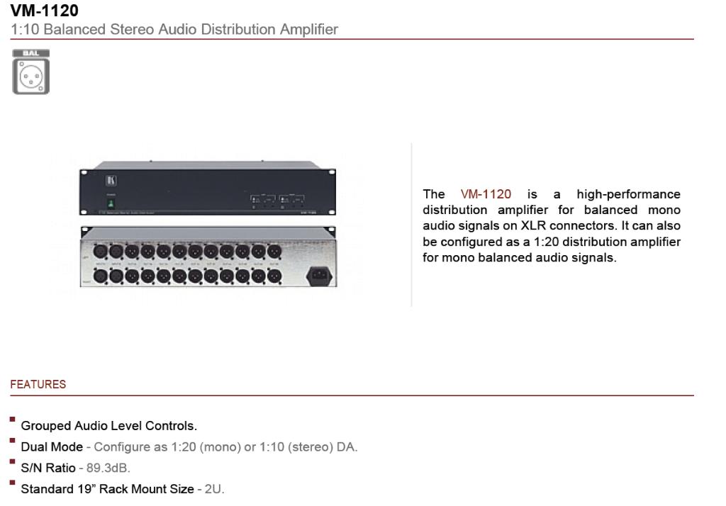 Kramer VM-1110xl/VM-1120 Audio splitters/distributie (2x10), Ophalen of Verzenden, Zo goed als nieuw, Audio