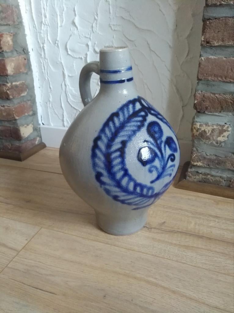 Grande jarre/cruche alsacienne grès fond.d gris motif bleu