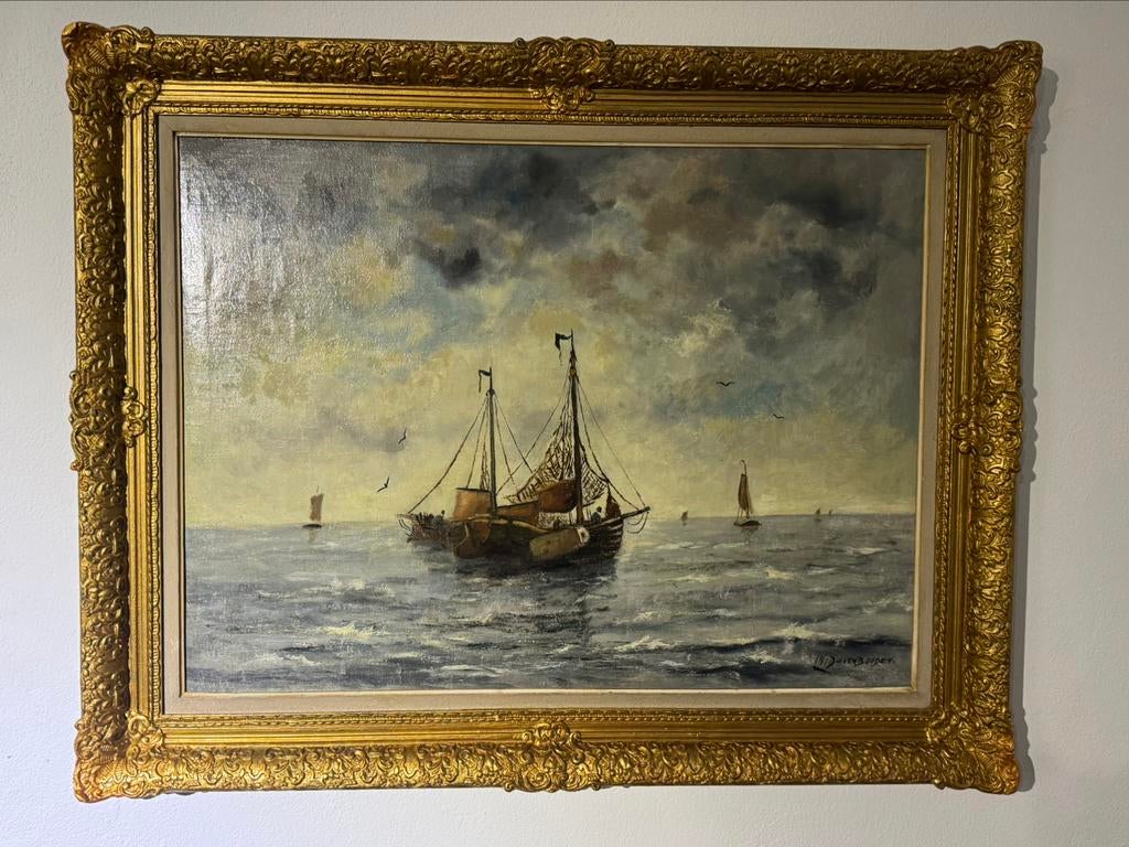 Peinture ancienne Vue sur la mer avec des navires., Enlèvement