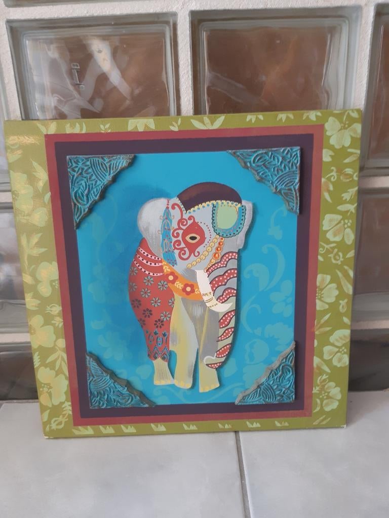 Schilderij met reliëf - olifant Azië - 40cm x 40cm, Ophalen of Verzenden, Zo goed als nieuw