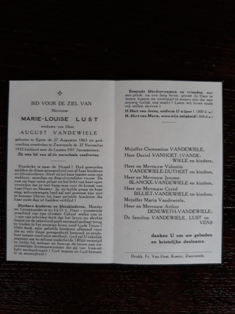 bidprentje Marie-Louise Lust Egem - Zwevezele, Ophalen of Verzenden, Bidprentje
