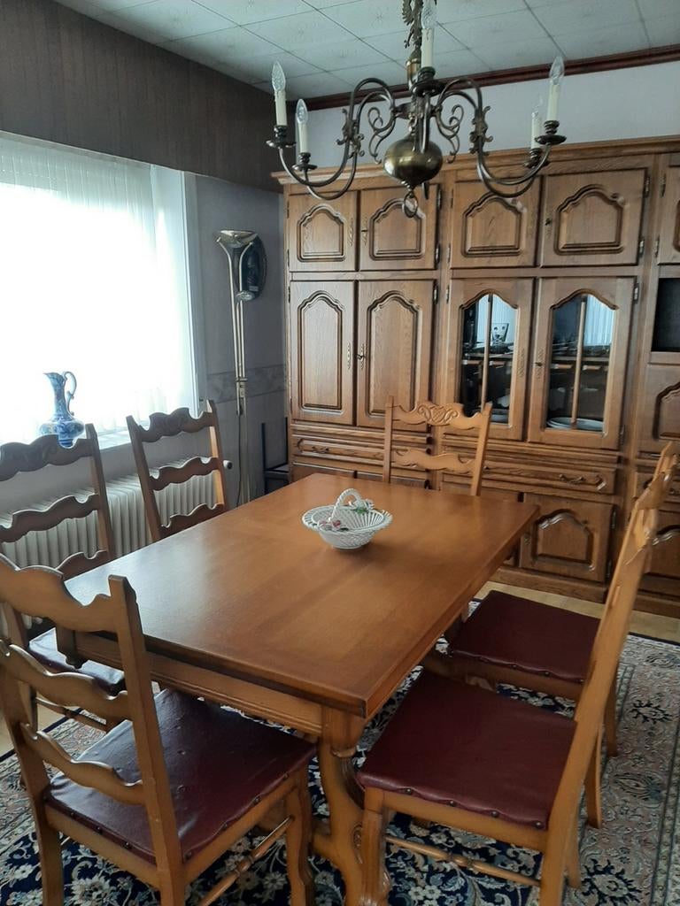 Massief eiken eetkamer jaren ’60-’70 (6 stoelen + tafel), Antiek en Kunst, Ophalen