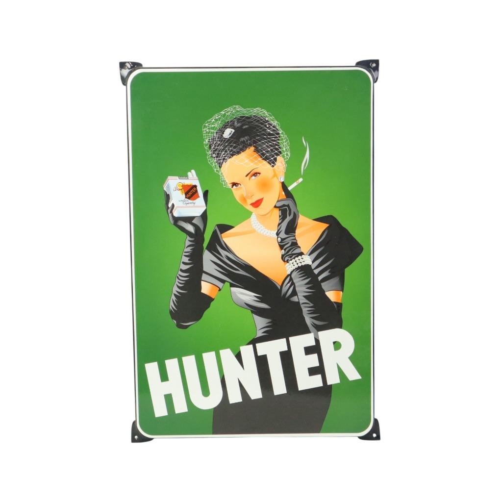 Grote Emaille Plaat Hunter Sigaretten Reclamebord Retro, Reclamebord, Onbekend, Ophalen of Verzenden, Zo goed als nieuw