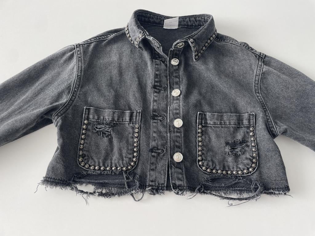 Zwart demin overshirt 128, Kinderen en Baby's, Kinderkleding | Maat 128, Meisje, Trui of Vest, Ophalen of Verzenden, Zo goed als nieuw