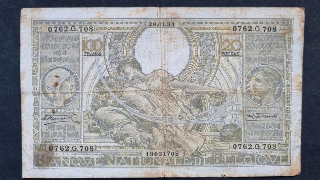 Billet belge de 100 francs ou 20 Belgas 1934, Enlèvement ou Envoi