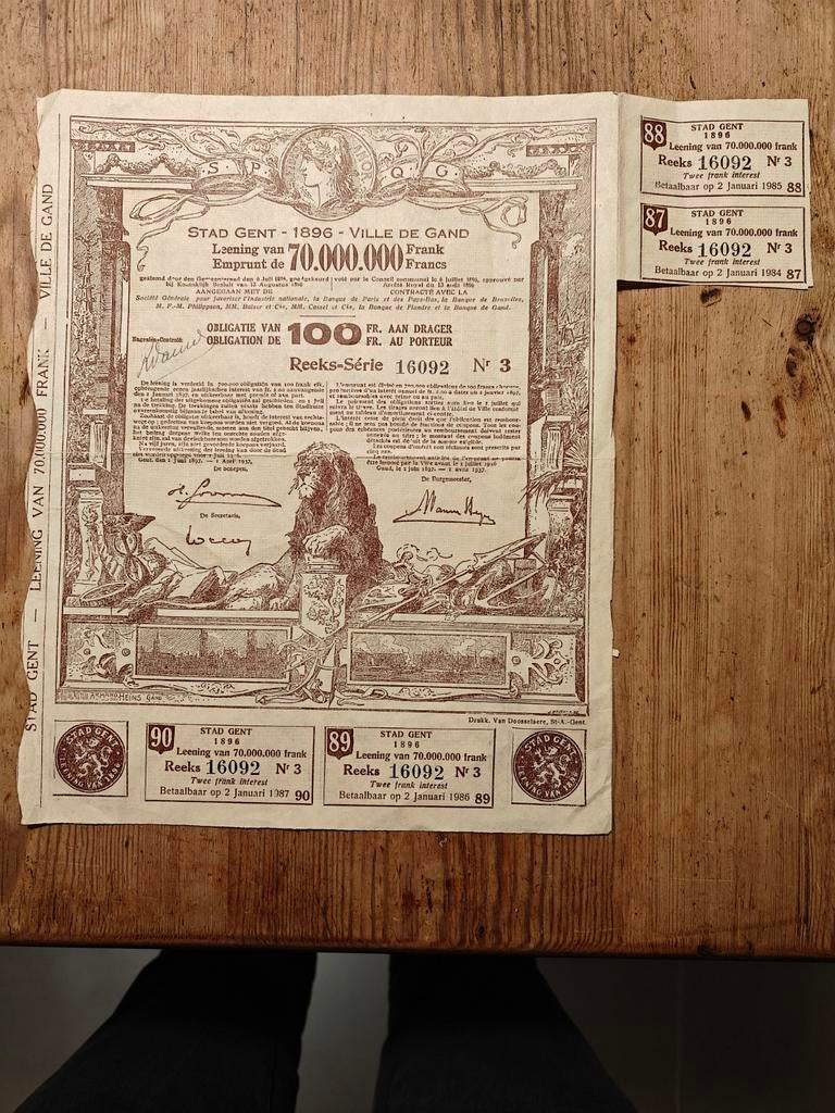Zeer mooie obligatie van Stad Gent uit 1896!!, Postzegels en Munten, Ophalen of Verzenden