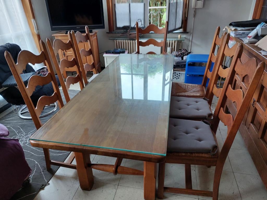 Massief eikenhouten eettafel + glas + 7 stoelen, Huis en Inrichting, Ophalen, Gebruikt