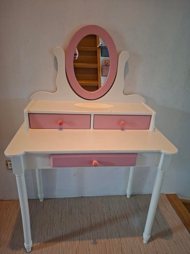 Roze en wit kaptafel kind met spiegel, Ophalen, Gebruikt, 100 tot 150 cm, Modern retro