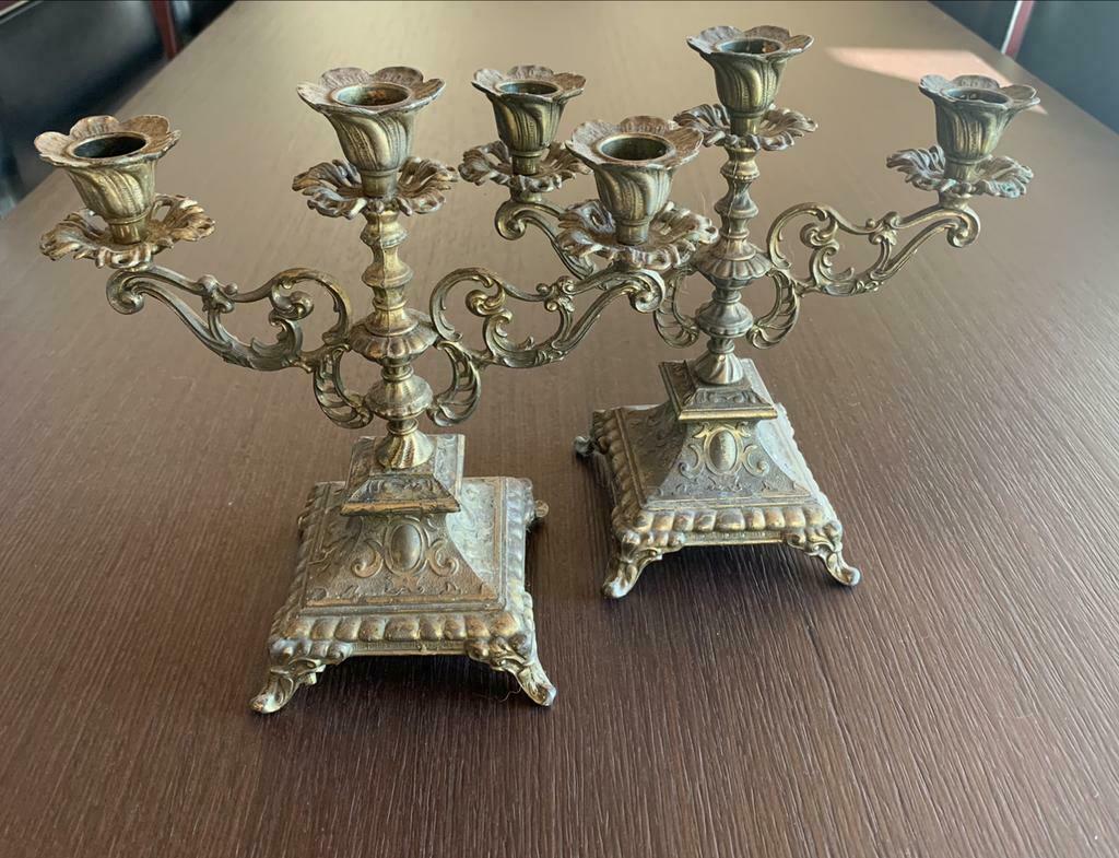2 antieken koperen kandelaars., Ophalen