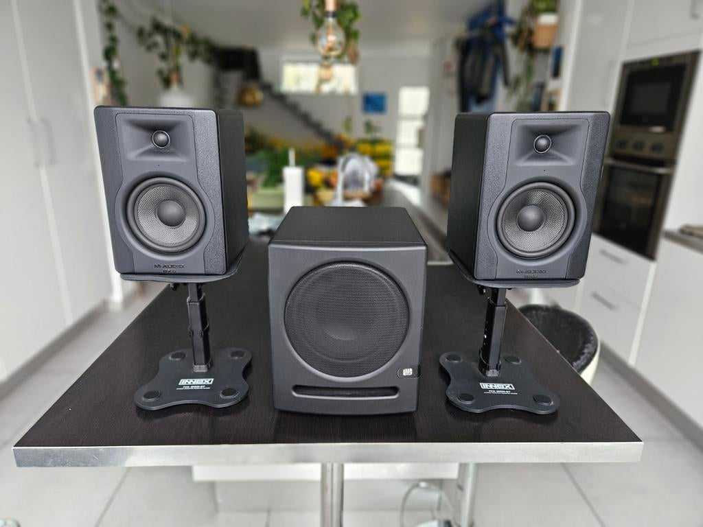 M-AUDIO BX5D3 MONITORS + PRESONUS ERIS SUB8 WOOFER + STATIEF, Ophalen, Zo goed als nieuw, 60 tot 120 watt, Subwoofer