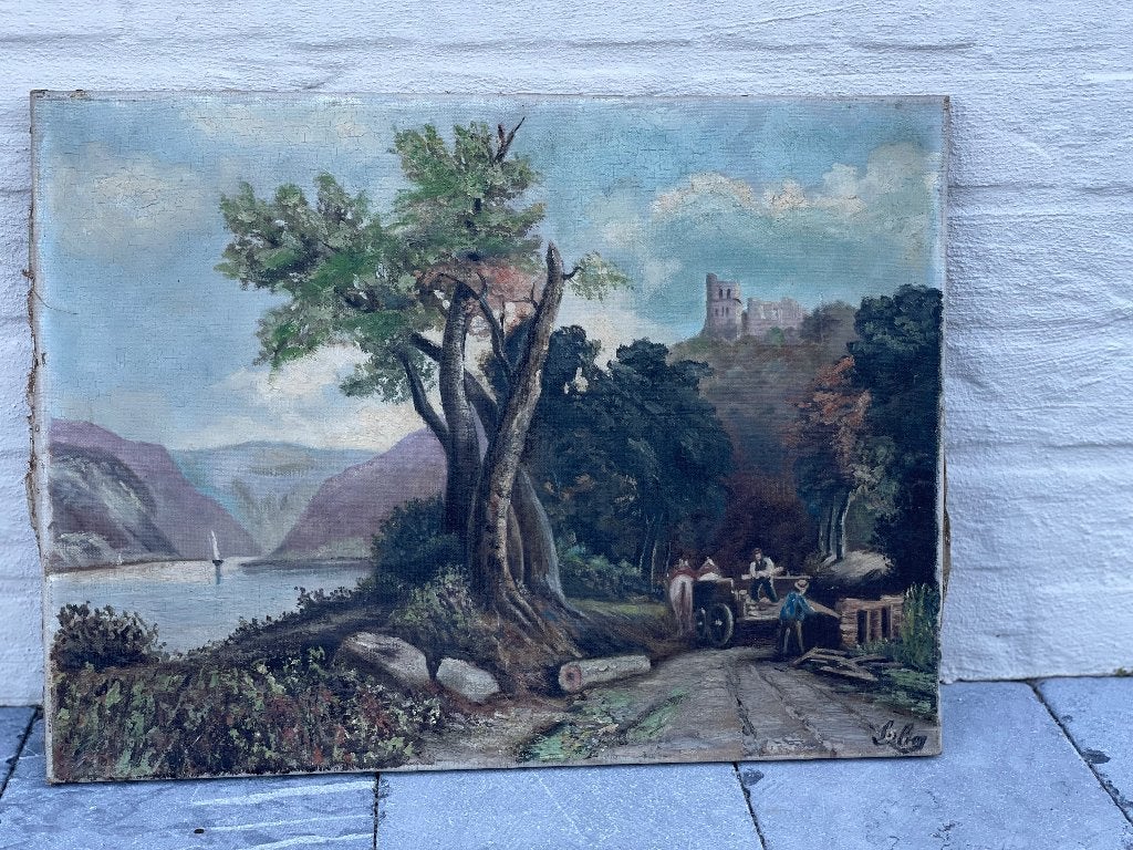 Antiek schilderij op doek gesigneerd, Enlèvement, Signé, Toile