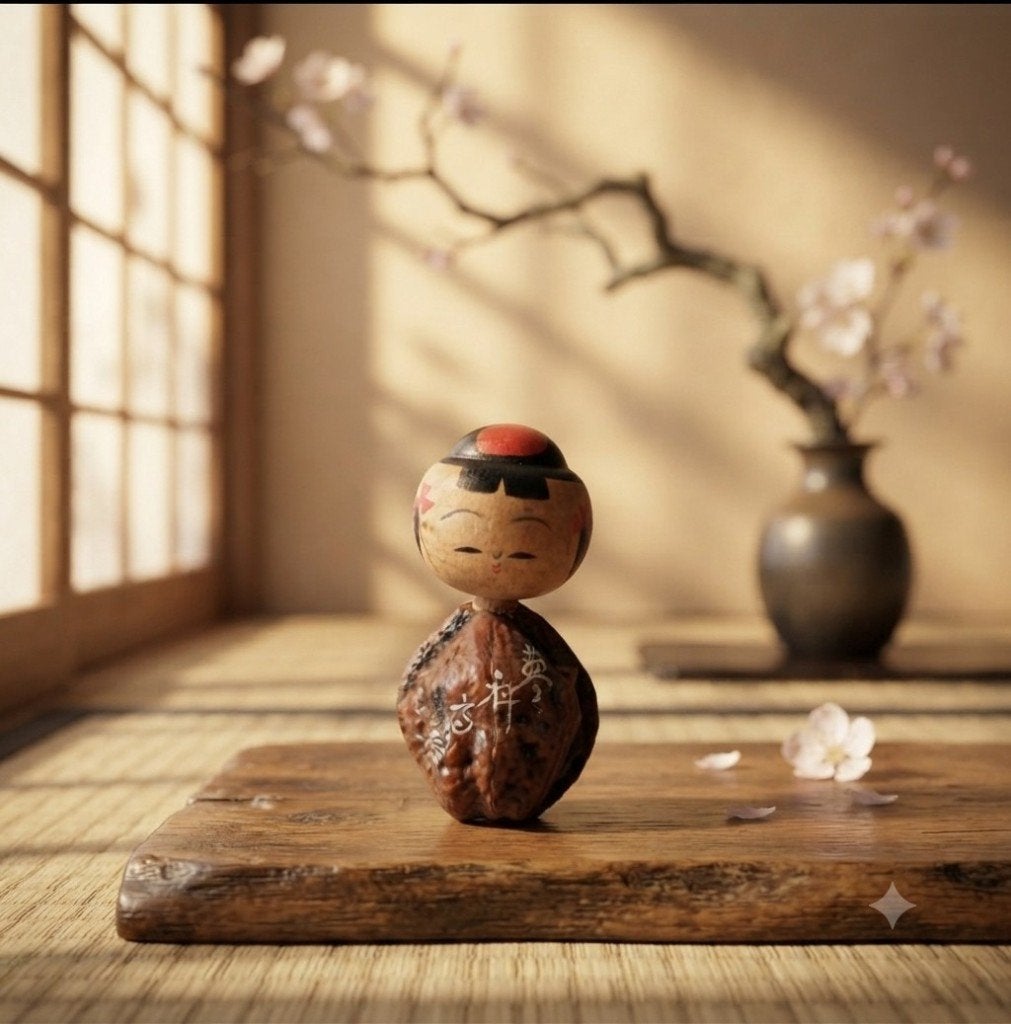 Joli kokeshi aux noix, Fait main, Japon, Bois, Multicolore