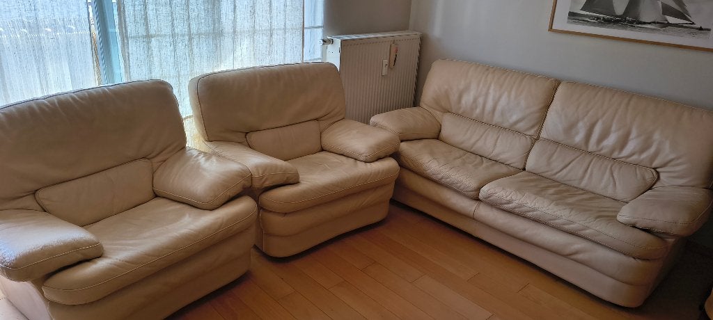 Salon complet en cuir véritable, Maison & Meubles, Enlèvement, Utilisé, Quatre personnes ou plus, Cuir