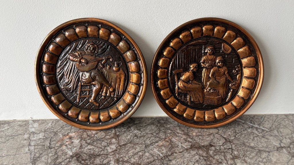 Set van 2 vintage koperen wandborden, Antiek en Kunst, Ophalen