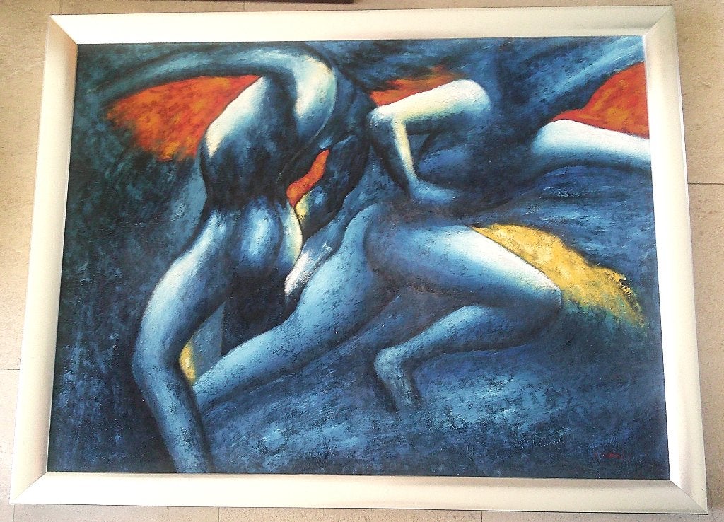 Deux nus en mouvement vers 1990 - Daniël Gasser (né en 1948), Antiquités & Art, Portrait ou Personnes, Enlèvement, Toile, Impressionniste