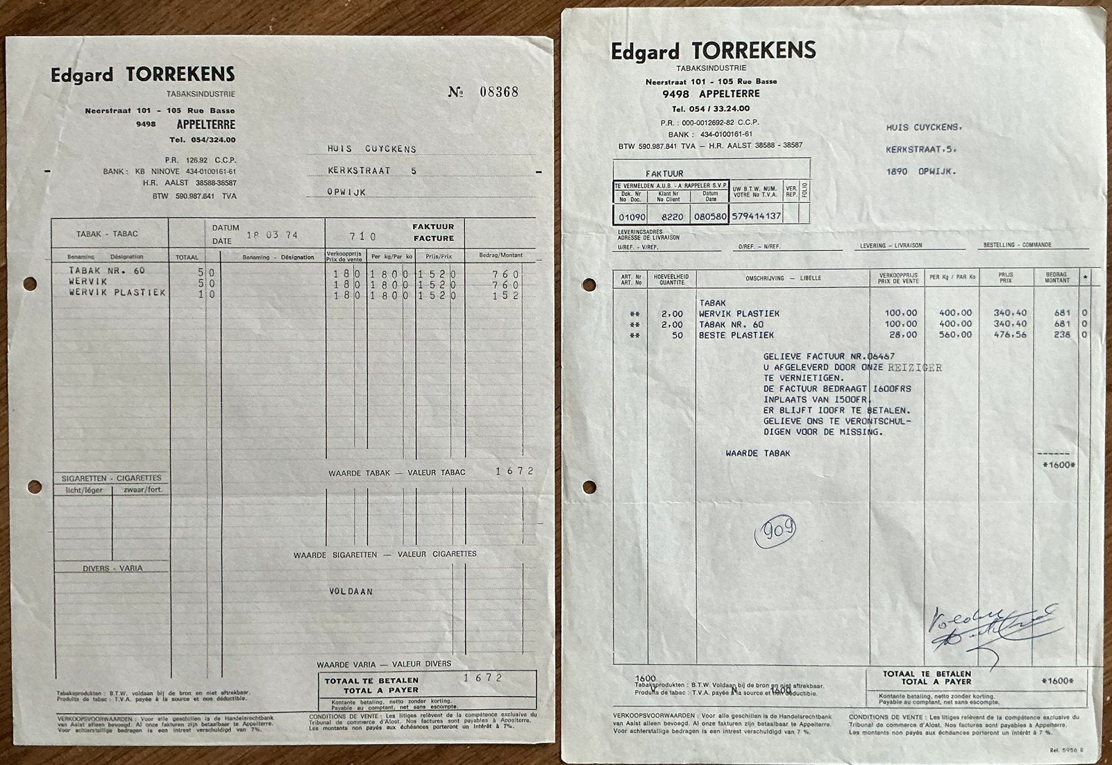APPELTERRE/EDGARD TORREKENS/facturen jaren 70/80, Ophalen of Verzenden, Zo goed als nieuw, Overige typen