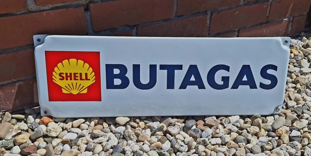 Vintage Shell Butagas emaille reclamebord., Ophalen of Verzenden, Gebruikt, Reclamebord