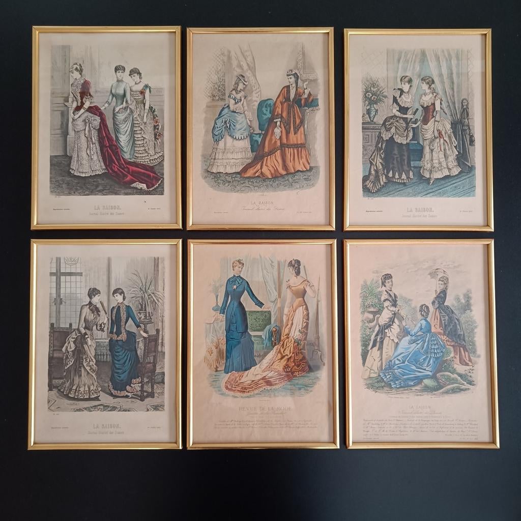Zes oude  ingelijste Franse modeprenten., Antiek en Kunst, Kunst | Litho's en Zeefdrukken, Ophalen