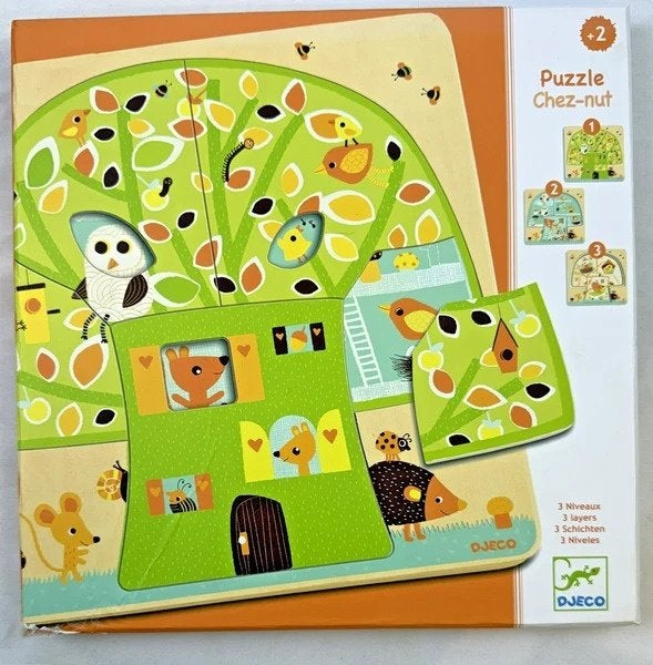 Puzzle en bois Djeco Chez-nut, famille de lapins, puzzle à 3, 2 à 4 ans, Comme neuf, Moins de 10 pièces, En bois