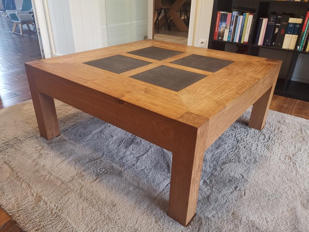 Salontafel in massief Teak met ingelegde lava stenen, Ophalen, 50 tot 100 cm, Vierkant, 50 tot 100 cm