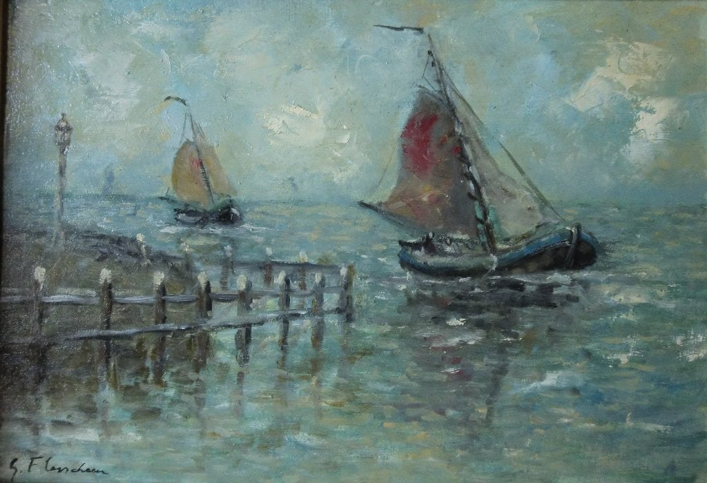 Peinture de scène maritime de Gustave Flasschoen., Enlèvement ou Envoi, Panneau, Classique, Maritime / eau