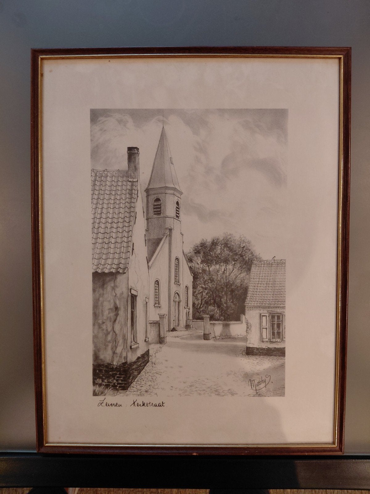 Tekening oude dorpskern in Zeveren  MATTHYS, Antiek en Kunst, Stadsgezicht, Ophalen of Verzenden, 55 cm, 40 cm