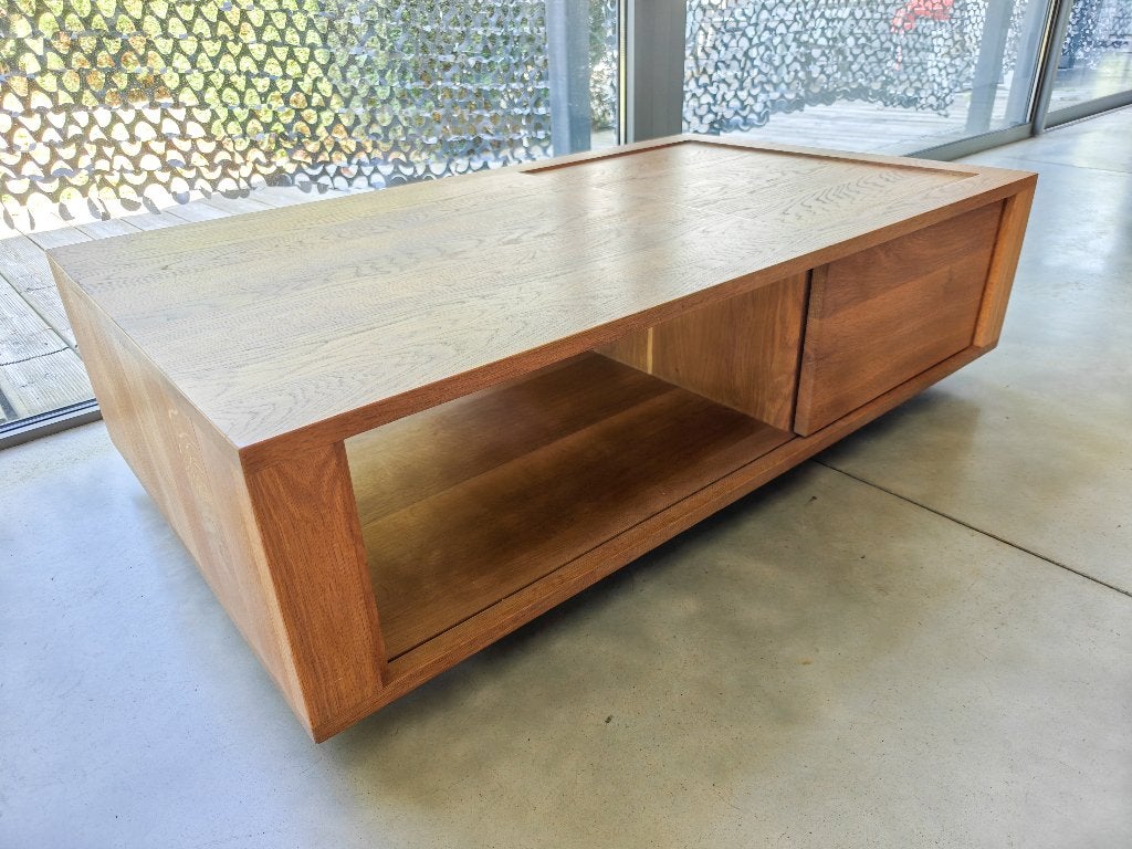 Ethnicraft Shadow eikenhouten salontafel, Ophalen, Gebruikt, 100 tot 150 cm, Eikenhout