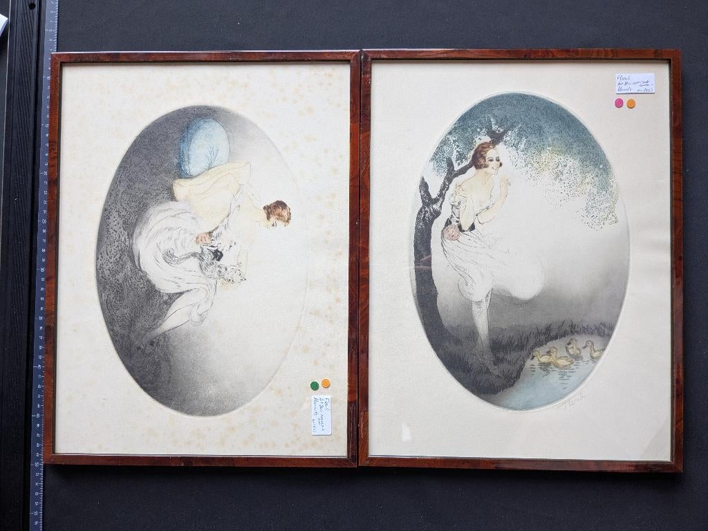 LOT van 2 art deco etsen - Floril - ingekaderd, Antiek en Kunst, Ophalen of Verzenden
