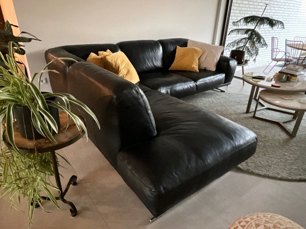 Zwart lederen hoekbank, Huis en Inrichting, Ophalen, Hoekbank, Zo goed als nieuw, Modern