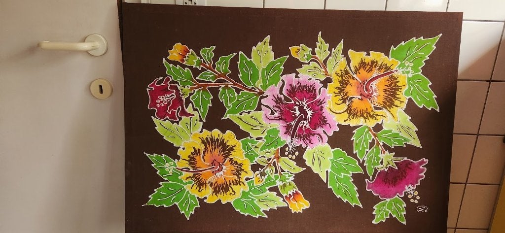 Grand Batik sur cadre de bois Origine Guadeloupe 85x60 cm, Fait main, Multicolore, Comme neuf, Autres types