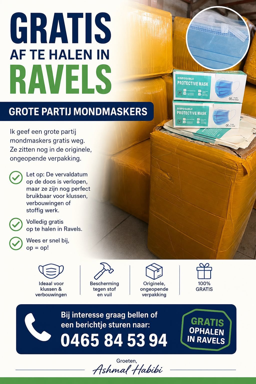 Groot aantal gratis mondmasker dringend weg!!, Ophalen