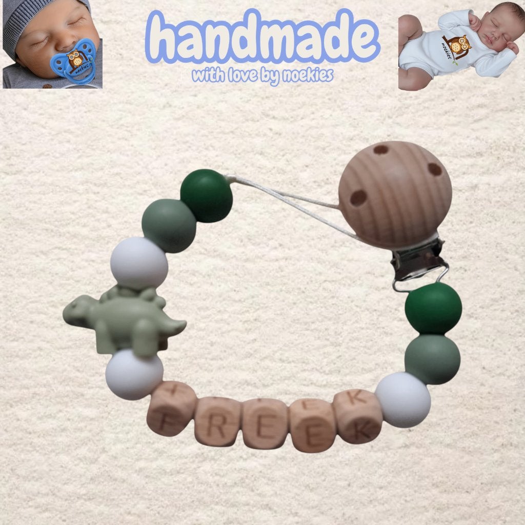 noekies naam speenkoord dino stekel khaki groen wit nr 12, Kinderen en Baby's, Kraamcadeaus en Geboorteborden, Verzenden, Nieuw