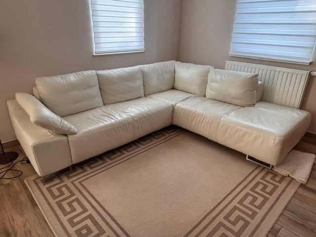 Canapé d'angle 3 places avec méridienne en cuir beige, Ophalen, Gebruikt, Leer
