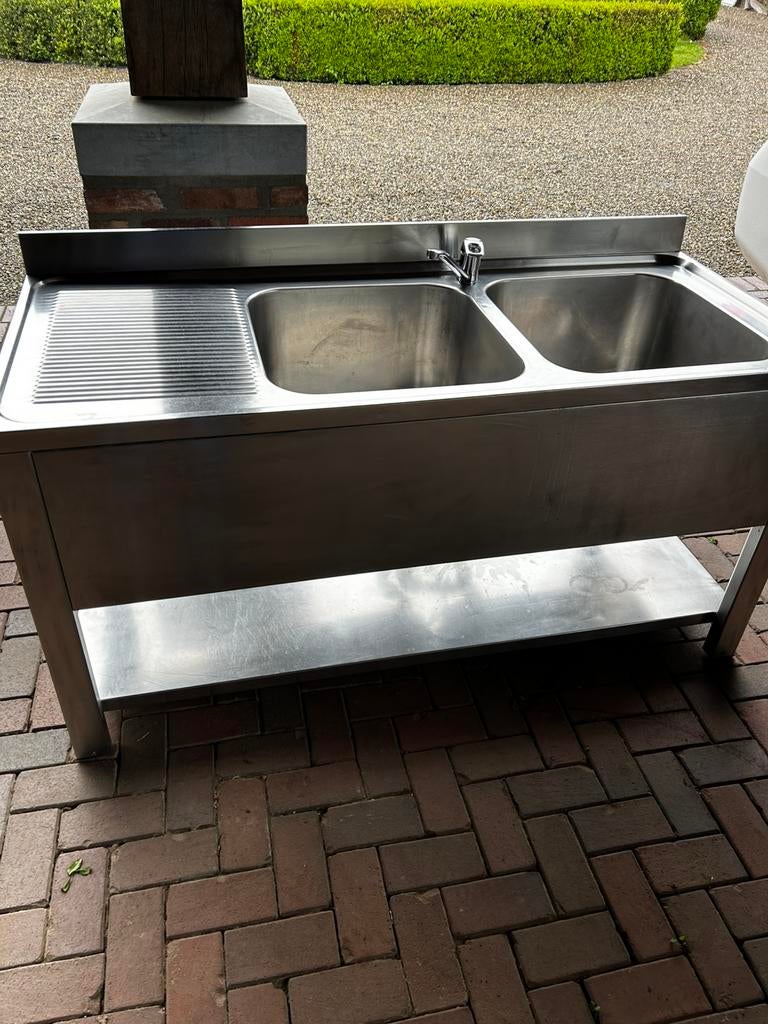 RVS spoeltafel met 2 spoelbakken en 1 kraan en onderschap, Ophalen, Gebruikt, Inox Meubilair