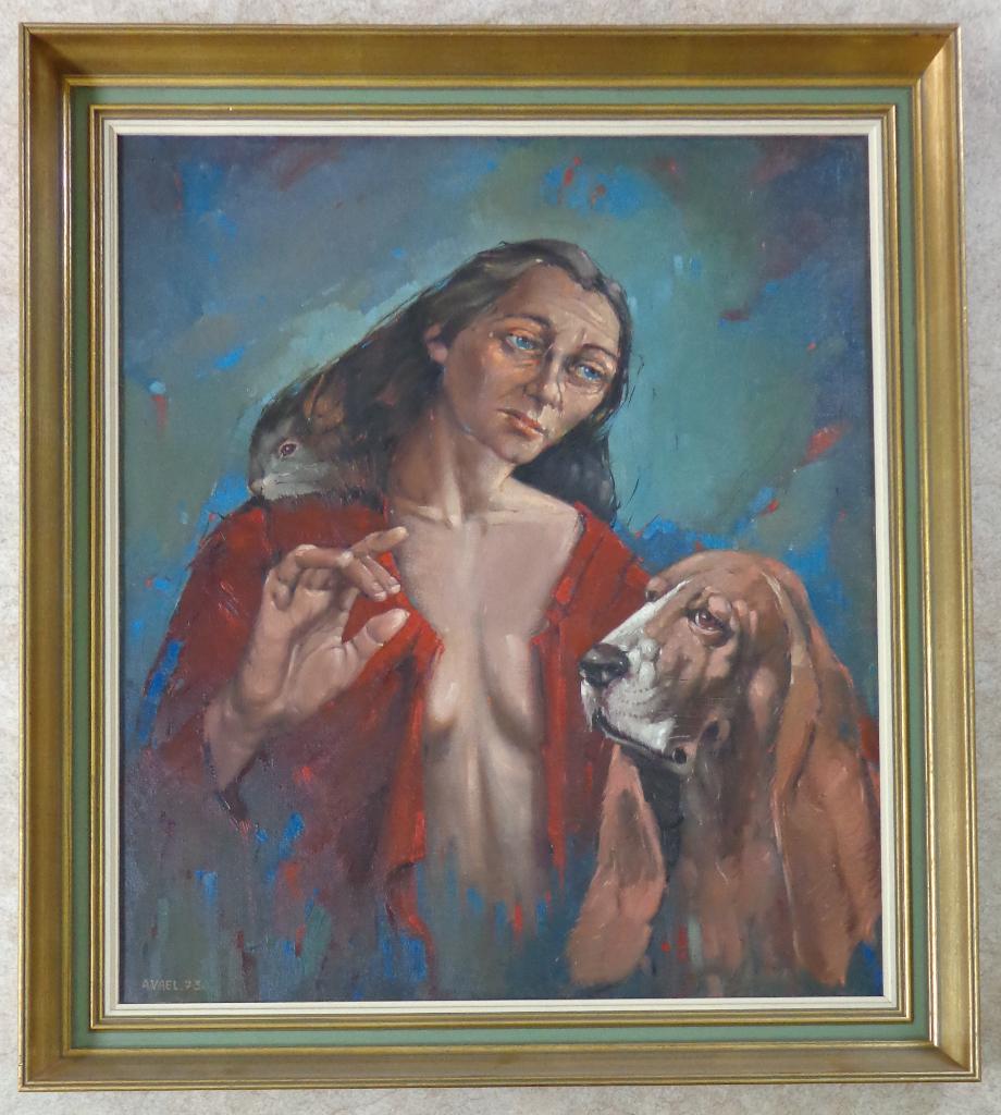ALBERT VAEL / VROUW MET HOND / OLIEVERF DOEK / 94x84cm KADER, Enlèvement