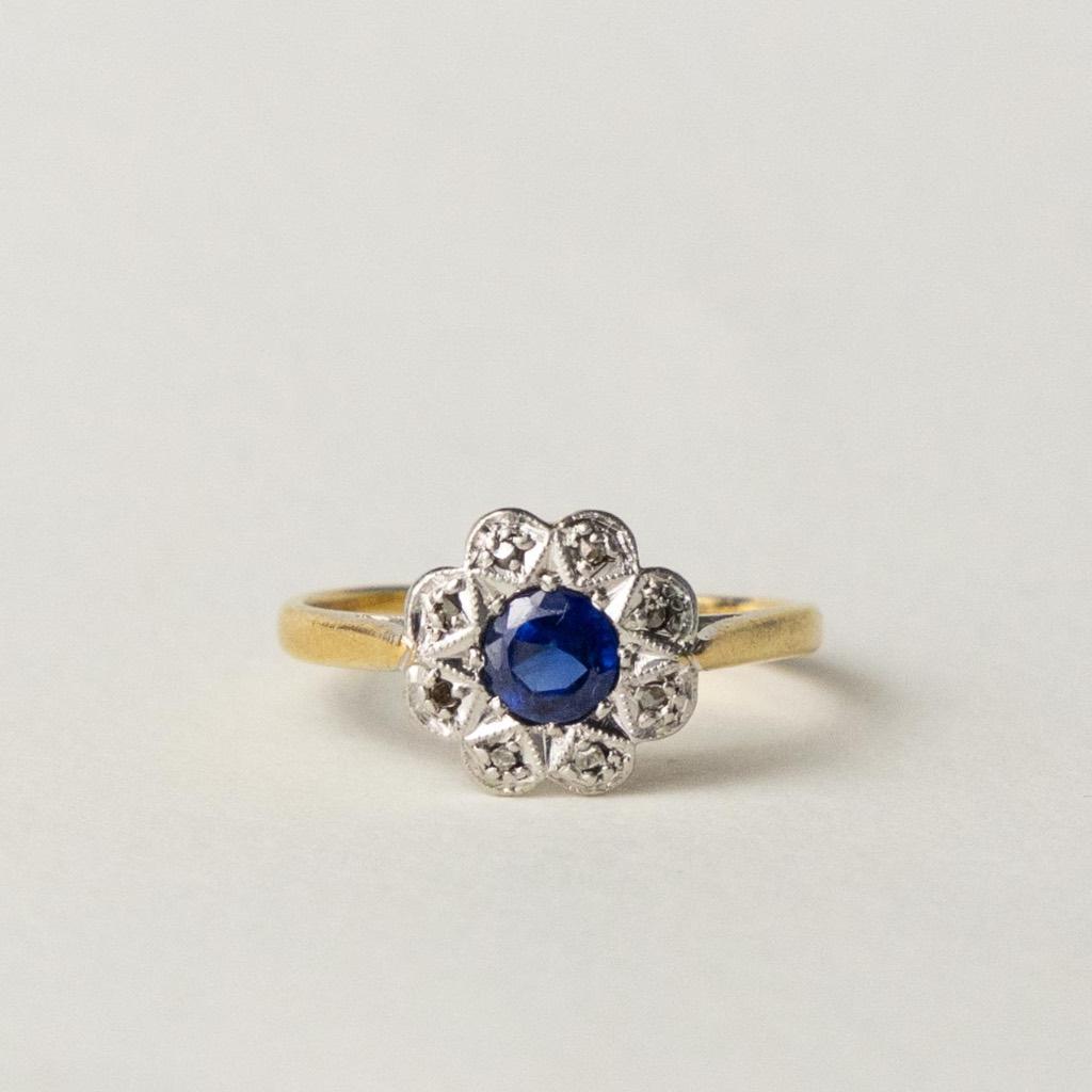 antieke Edwardiaan 18 karaats gouden ring saffier en diamant, Enlèvement ou Envoi, Or, Plus petit que 17, Comme neuf