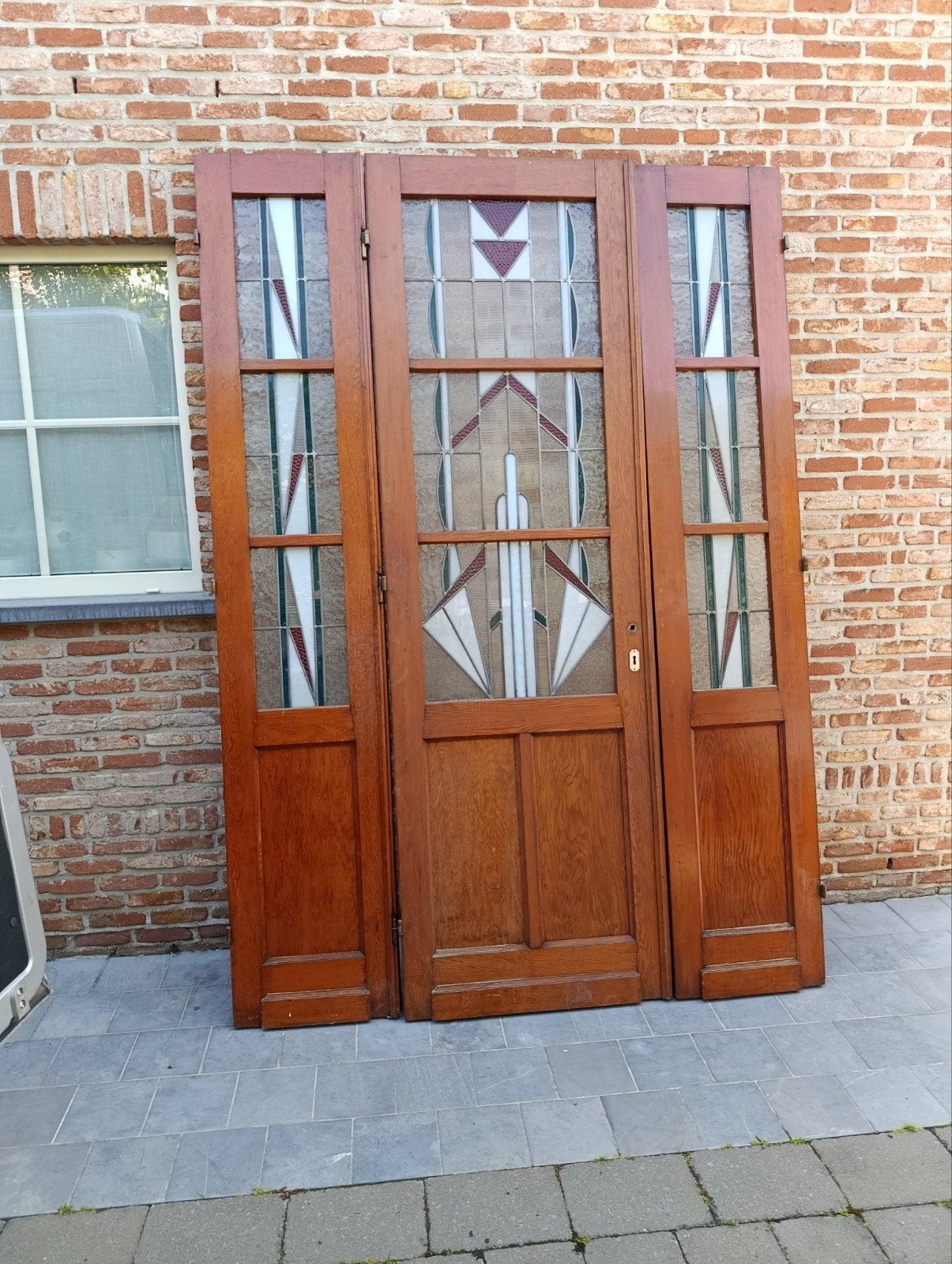 Hoge 3 delige deurset met loodglas, Ophalen, Glas