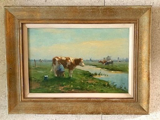 Koe wordt gemolken - Bernard Anthonie van Beek 1875-1941, Antiek en Kunst, Paneel, Ophalen of Verzenden, Olieverf, Gesigneerd