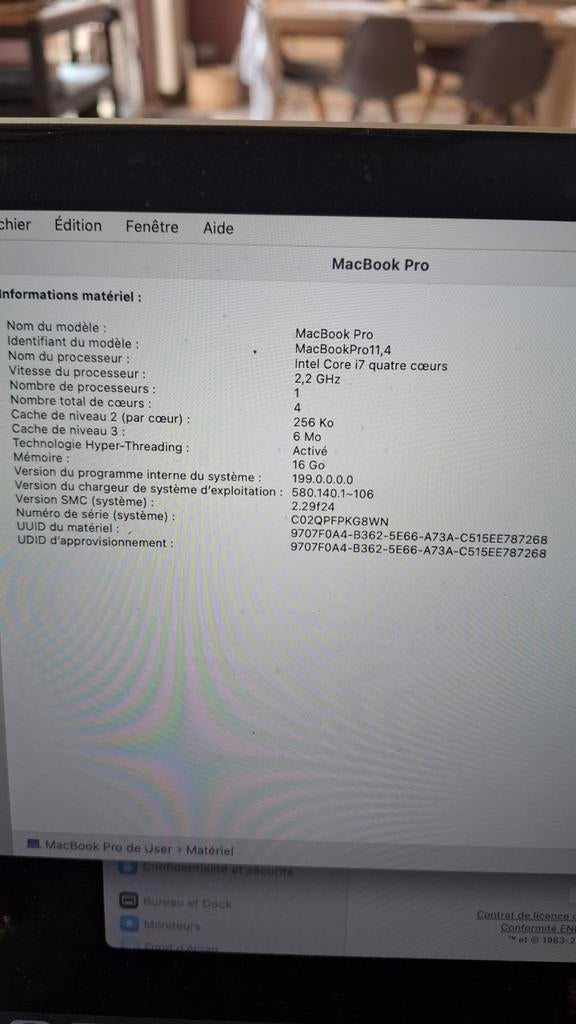 MacBook Pro Retina 15" 2015–i7–16GB–SSD 256GB – Bon ét, Enlèvement, 15 pouces, SSD