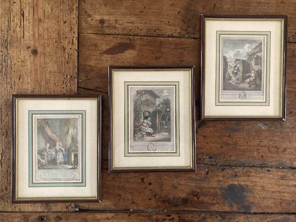 3 gravures anciennes rehaussées à l'aquarelle, Antiquités & Art, Art | Eaux-fortes & Gravures, Enlèvement ou Envoi, 19 cm, Gravure